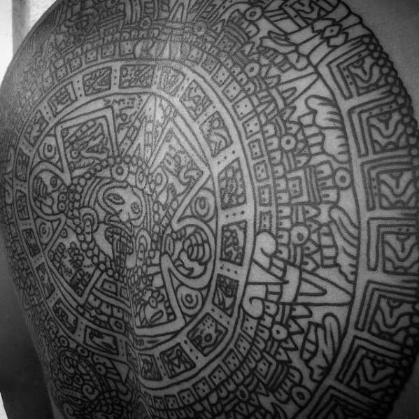 Male Cool Black Ink Outline Back Mayan Calender Tattoo Ideas