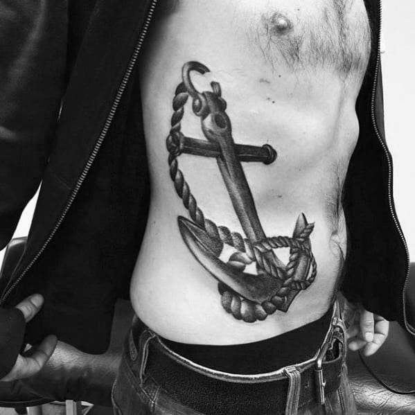 Male Cool Epic Anchor Rib Cage Side 3d Tattoo Ideas