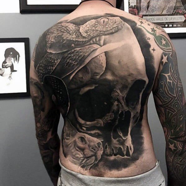 Male Cool Full Back Badass Skull Tattoo Ideas