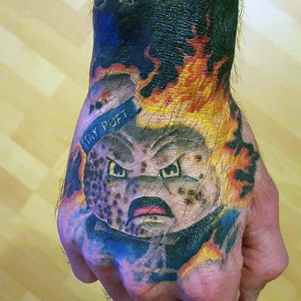 Male Cool Ghostbusters Flaming Stay Puft Hand Tattoo Ideas