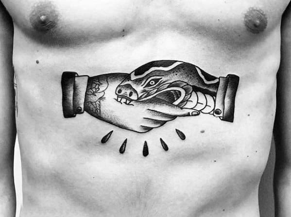 Male Cool Handshake Snake Chest Tattoo Ideas