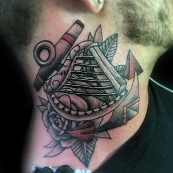 Male Cool Harp Tattoo Ideas On Neck With Anchor Design