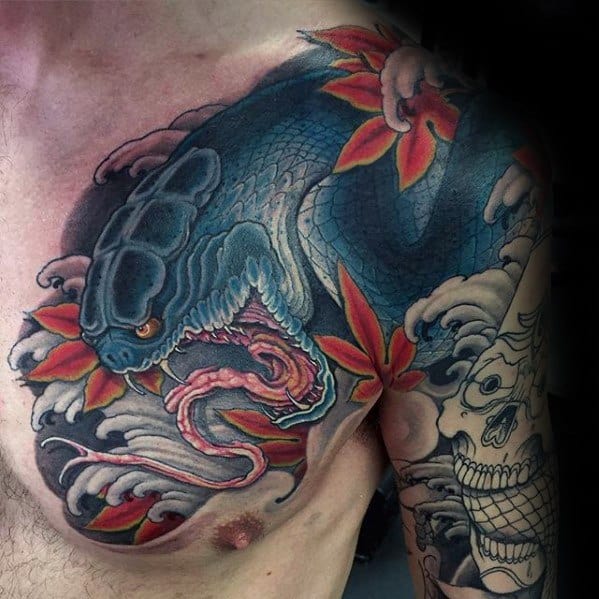 Male Cool Japanese Blue Snake Tattoo Ideas On Chest And Shoulder