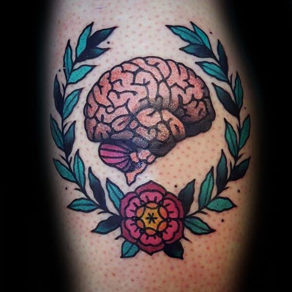 Male Cool Laurel Wreath Brain Leg Calf Tattoo Ideas