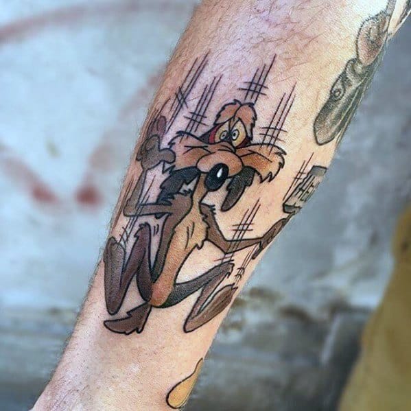 Male Cool Looney Tunes Tattoo Ideas Wile E Coyote Falling Down On Inner Forearm