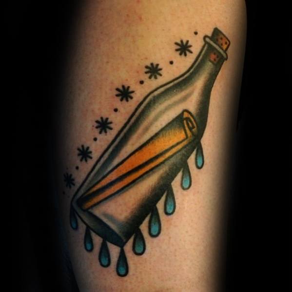 Male Cool Old School Traditional Simple Leg Message In A Bottle Tattoo Ideas
