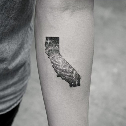 Male Cool Quarter Sized California State Outline With Outer Space Design Tattoo Ideas