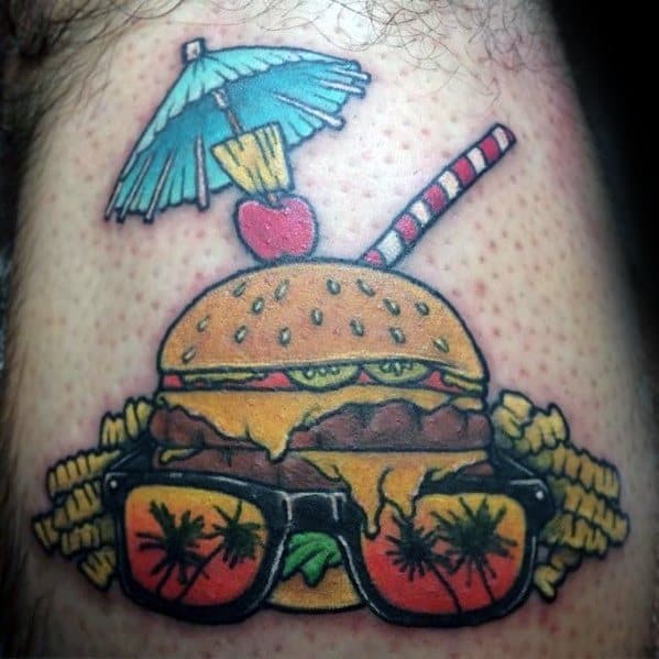 Male Cool Tropical Themed Cheeseburger Arm Tattoo Ideas