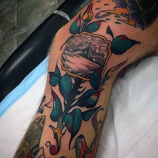 Male Cool Volcano Tattoo Ideas On Side Of Leg