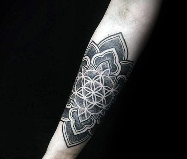Male Dotwork Flower Of Life Tattoos On Forearm
