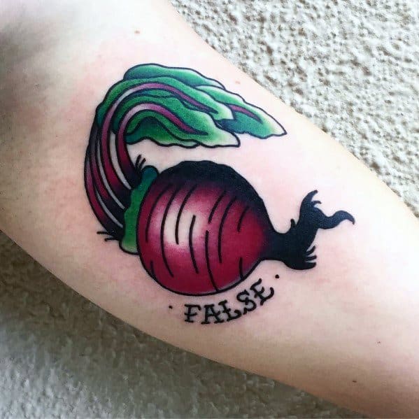 Male False Beet The Office Themed Tattoos On Inner Arm Bicep