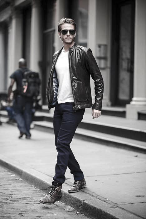 Male Fashion How To Wear A Leather Jacket Leather Jacket Outfits Style Ideas White T Shirt