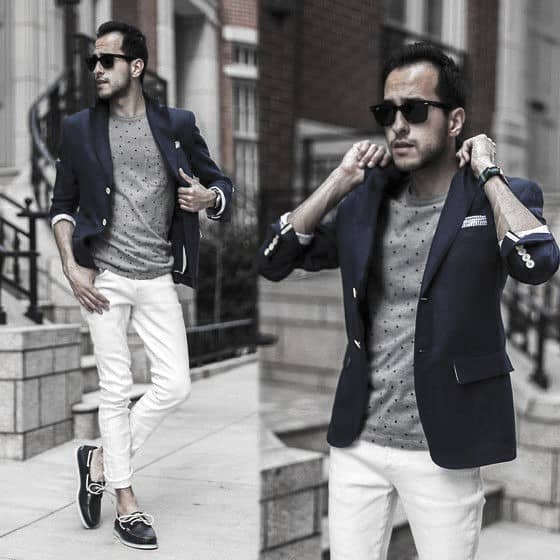 Male Fashion What To Wear With White Jeans Navy Blazer Grey Shirt