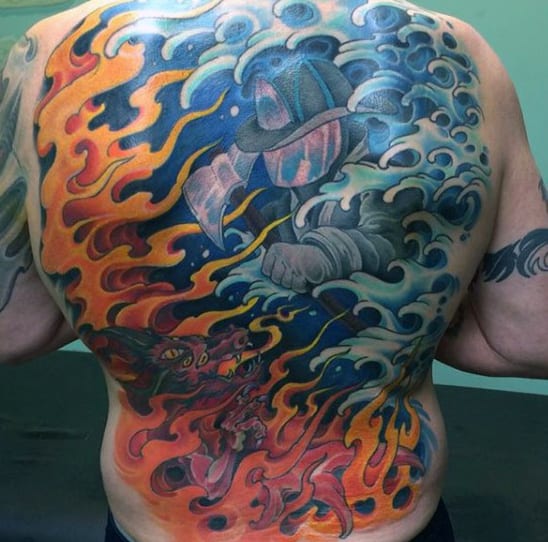 Male Firefighter With Tattoos On Back