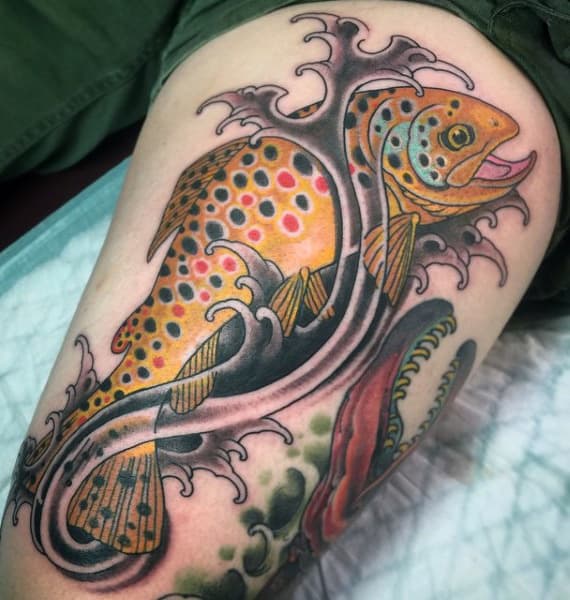 Male Fishing Hook Tattoo Designs On Thigh