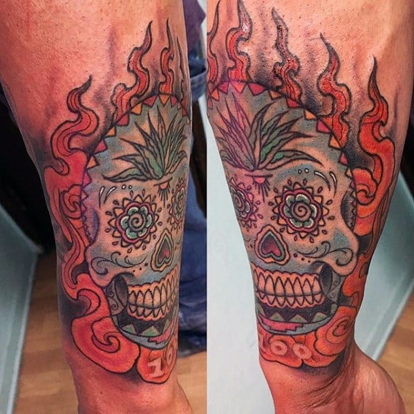 Male Flaming Skull Day Of The Dead Forearm Tattoo Ideas
