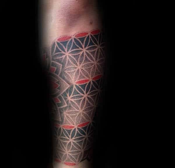 Male Flower Of Life Dotwork Black And Red Ink Tattoos