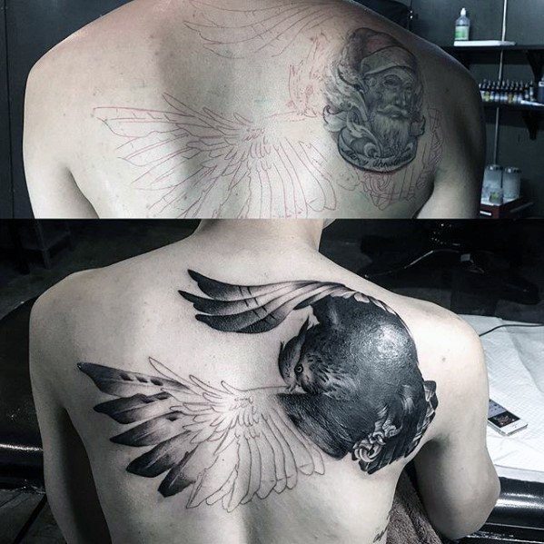 Male Flying Owl Back Tattoo Cover Up Ideas
