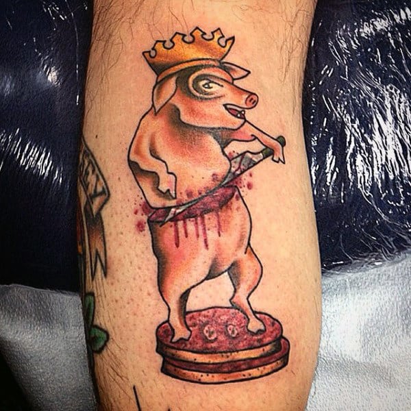 Male Forearm Pig Slicing Itself Bacon Tattoo