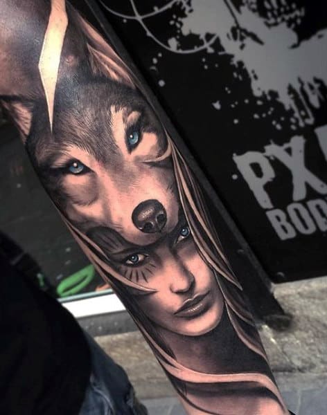 Male Forearm Tattoos Sleeve Of Lion And Portrait Of Woman