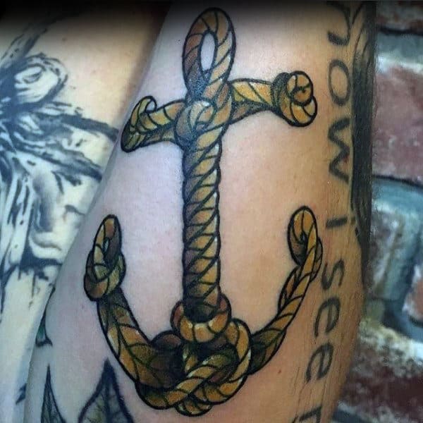 Male Forearms Anchor Shaped Rope Tattoo