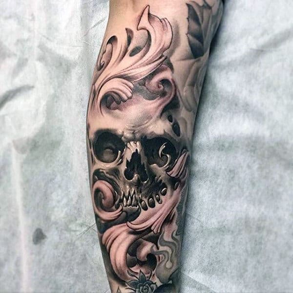 Male Forearms Black And Grey Skull And Waves Tattoo