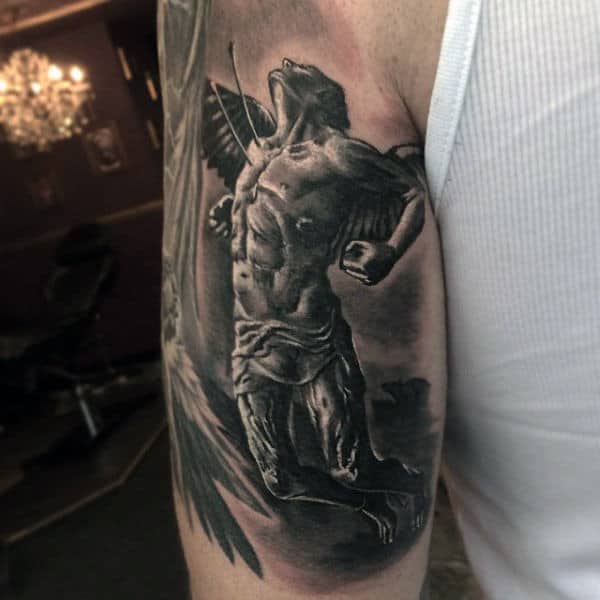 Male Forearms Black And Grey Tattoo Of Winged Man Being Hit