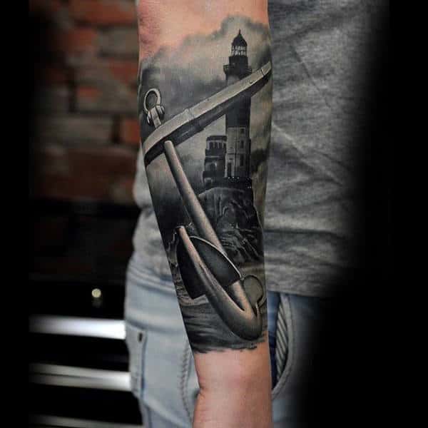 Male Forearms Black And White Anchor And Lighthouse Tattoo
