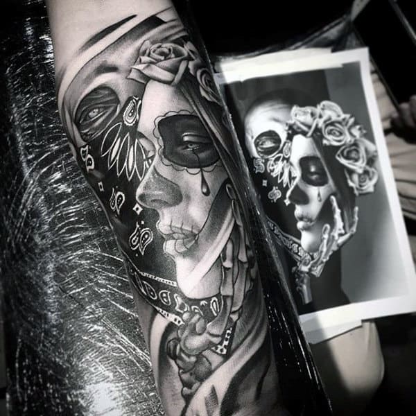 Male Forearms Day Of The Dead Woman With Tear Tattoo