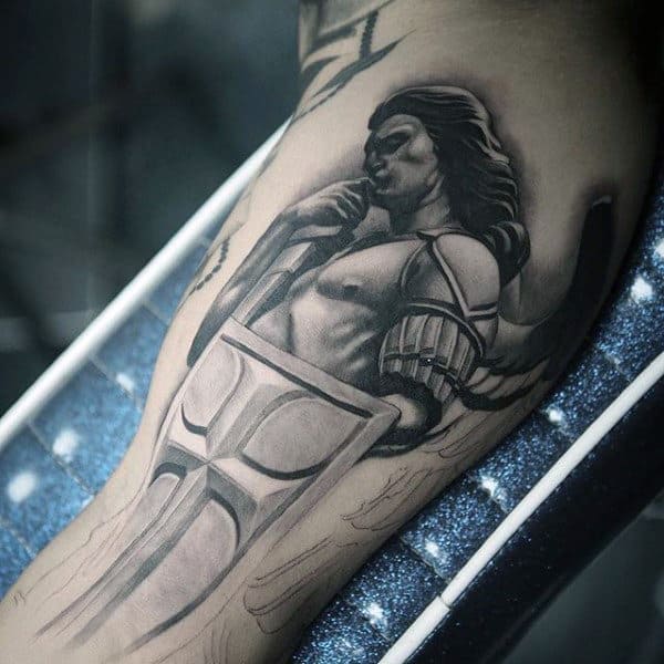 Male Forearms Deep In Thought Guardian Angel Tattoo
