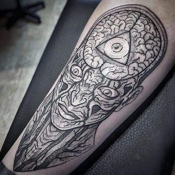 Male Forearms Detailed Black Design Of Man With Eye Inside Brain Tattoo