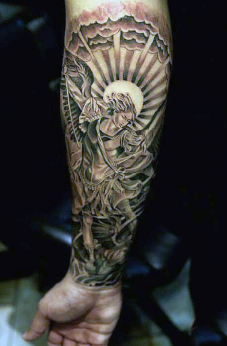 Male Forearms Guardian Angel Tattoo With Bright Disc