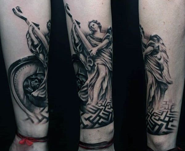 Male Forearms Guardian Angel With Cross Tattoo