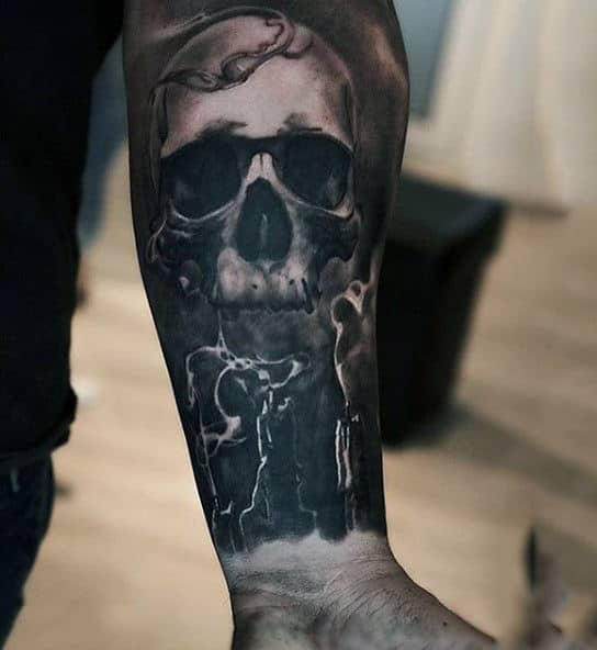Male Forearms Horrific Black And Grey Tattoo
