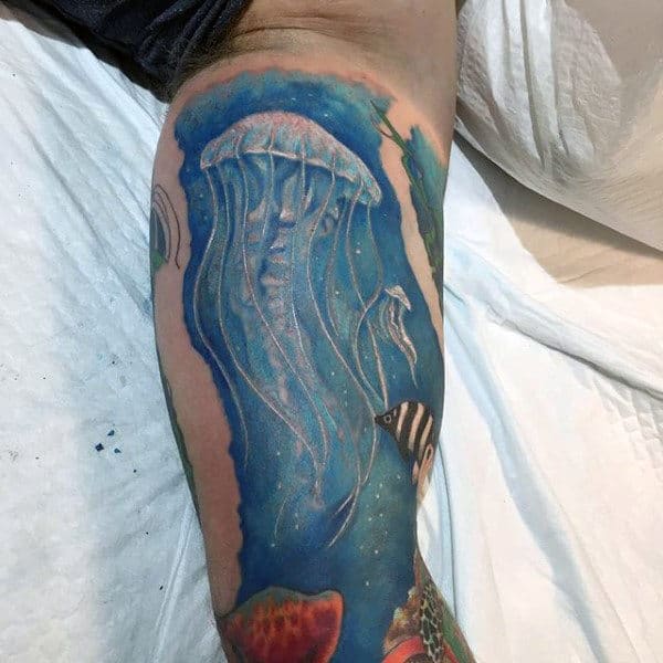 Male Forearms Jellywish In Clear Blue Water Tattoo