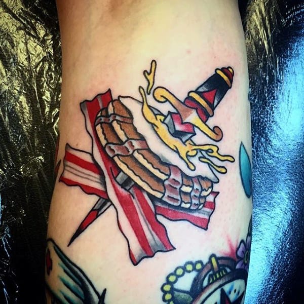 Male Forearms Knife Through Bread Bacon Tattoo