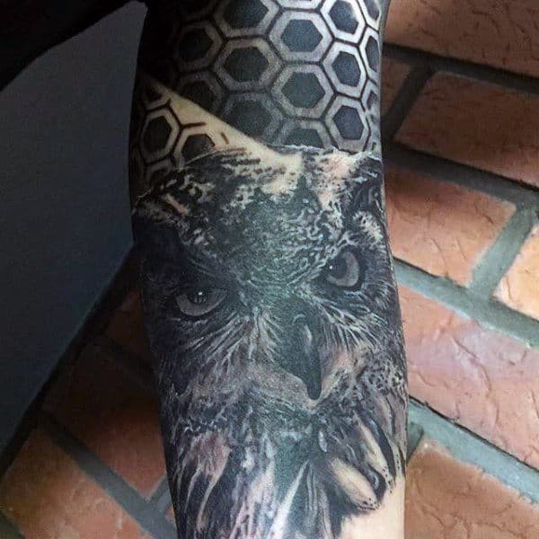 Male Forearms Owl And Pattern Tattoo