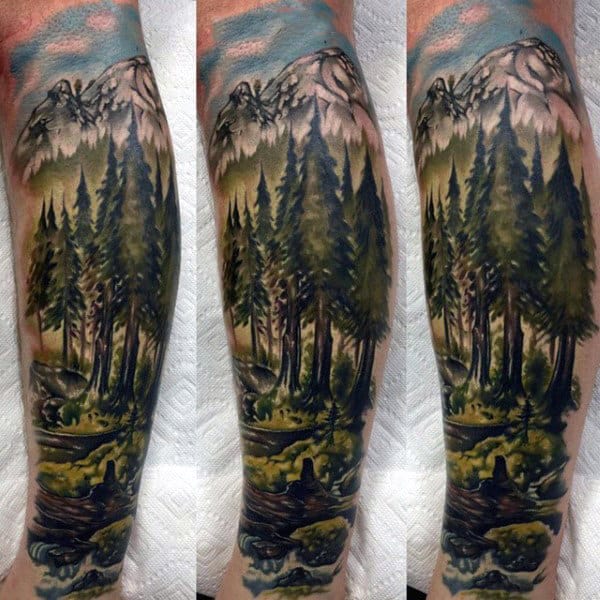Male Forearms Pretty Watercolor Trees Forest Hills Tattoo