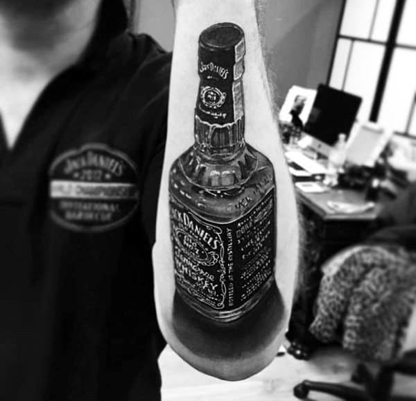 Male Forearms Realistic Black And White Jack Daniels Tattoo