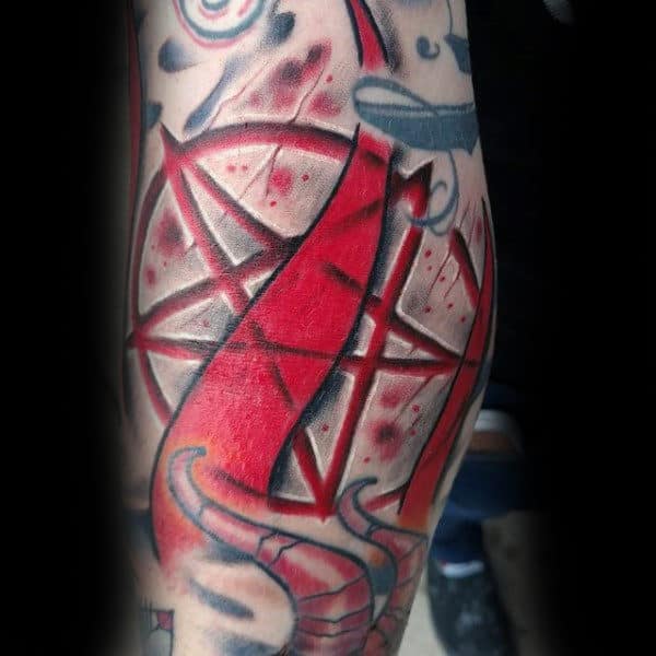 Male Forearms Red Colored Pentagram Tattoo