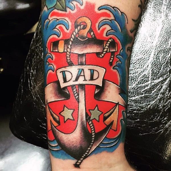 Male Forearms Red Themed Anchor Dad Tattoo