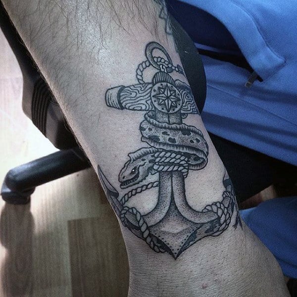 Male Forearms Rope On Anchor Dotwork Tattoo