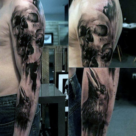 Male Forearms Scary Skull And Raven Tattoo