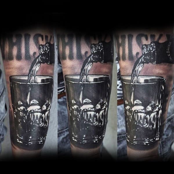 Male Forearms Whiskey In Glass Black And White Tattoo