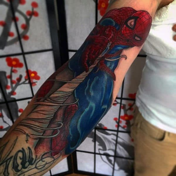Male Forearms Wonderful Spiderman Tattoo