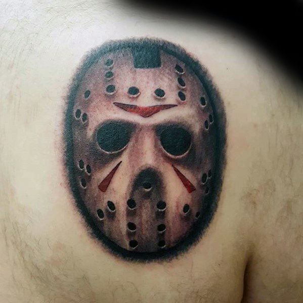 Male Friday The 13th Jason Mask Tattoo Ideas On Shoulder Blade Of Back.
