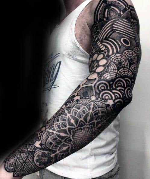 Male Full Arm Sleeve Pattern Ornate Mandala Tattoo
