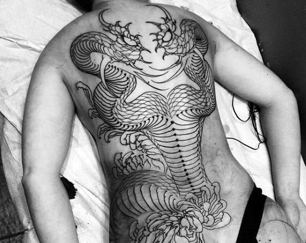 Male Full Back Tattoo With Outline Design