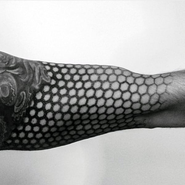 Male Full Sleeve Gears And Honeycomb Tattoo.
