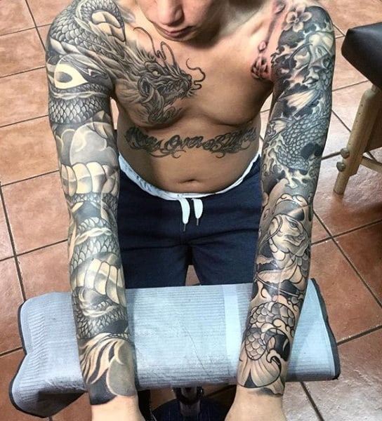 Male Full Sleeves Black Grey Dragon Tattoo